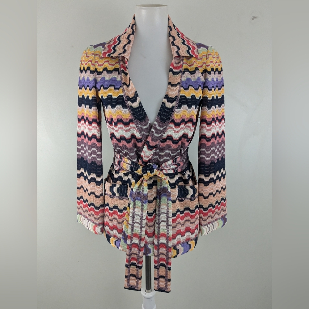 Missoni Orange Label Chevron Knit Sweater Blazer Belted Cardigan Jacket Lined 40